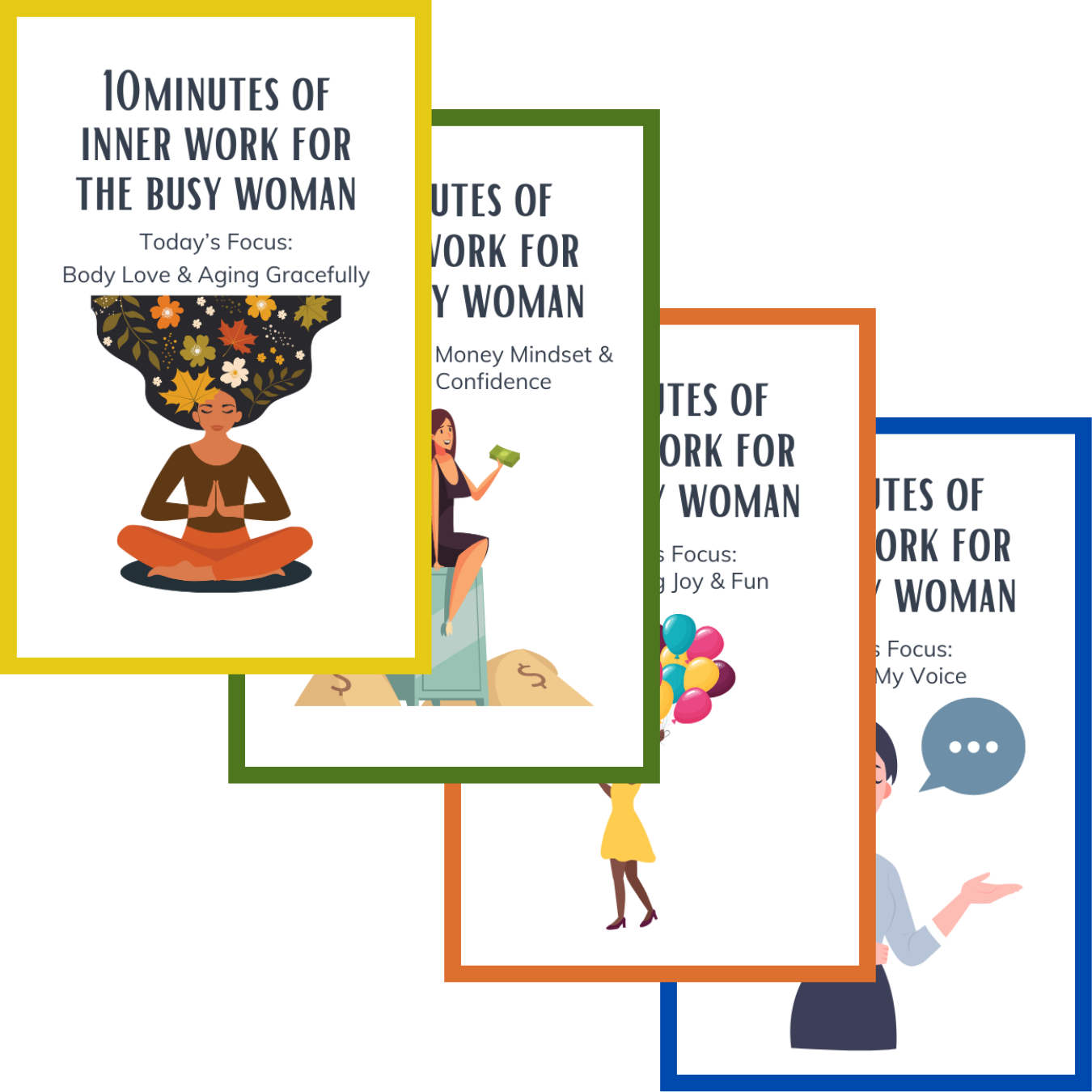Set of four book covers with illustrations of women and text on a white background