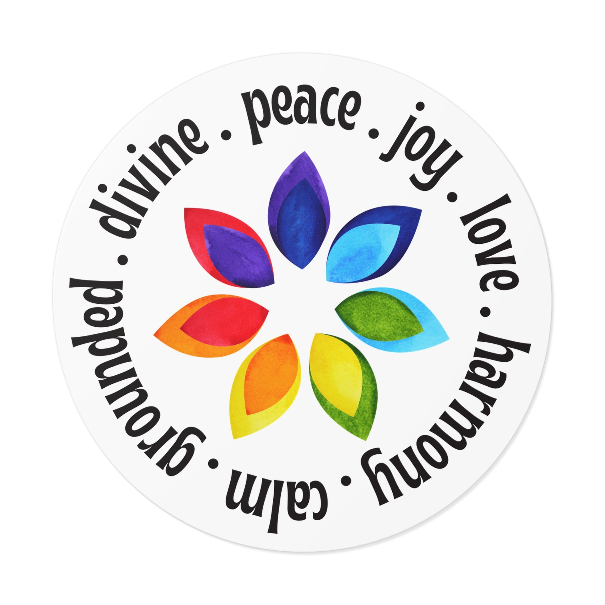 Round sticker with colorful leaf design and motivational words on a white background