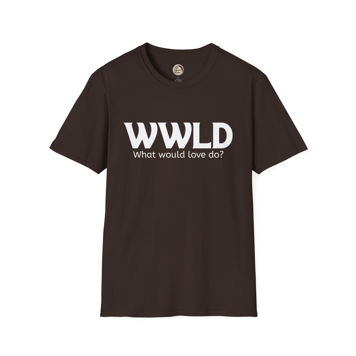 Brown t-shirt with 'WWLD What would love do?' text on a white background