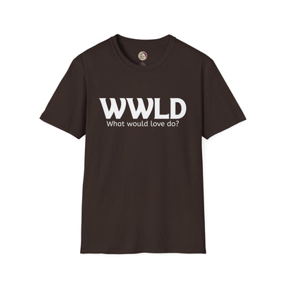 Brown t-shirt with 'WWLD What would love do?' text on a white background