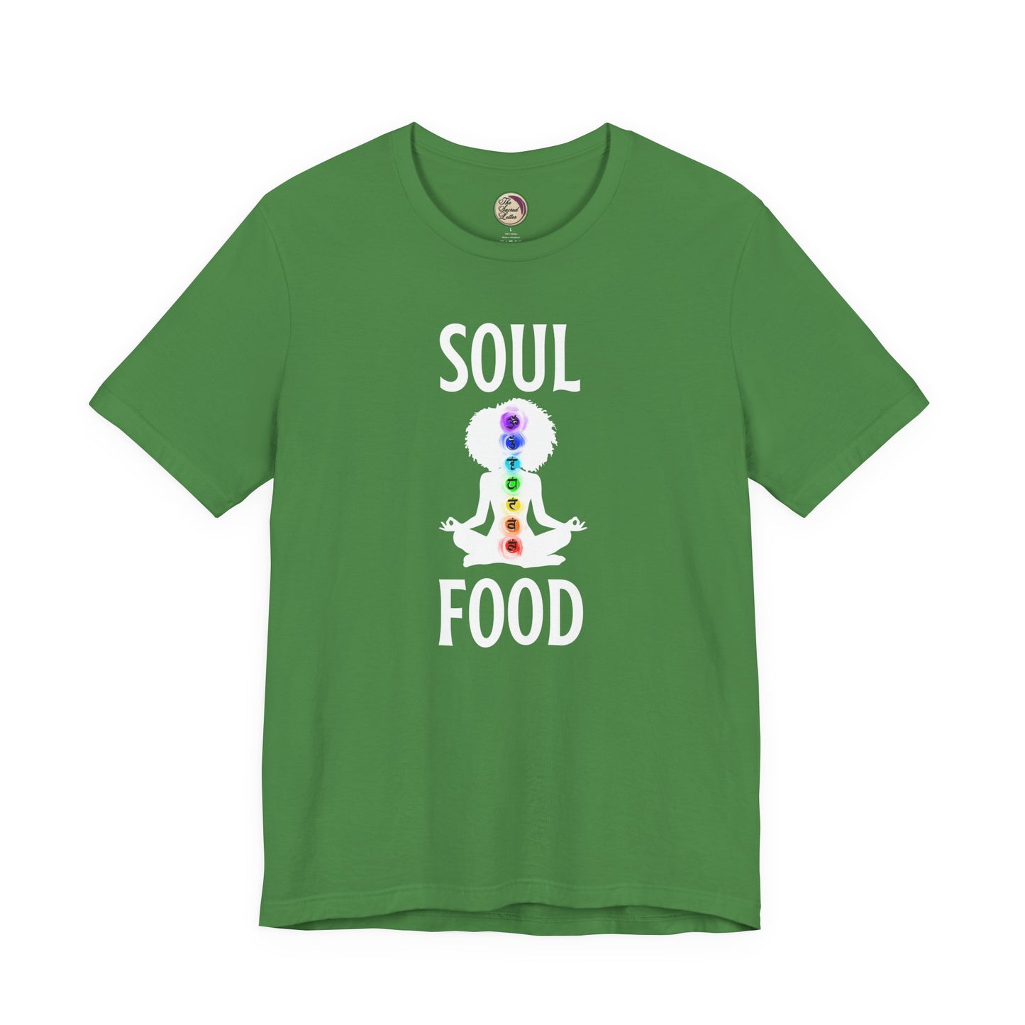Green t-shirt with 'Soul Food' design featuring a colorful chakra symbol on a white background
