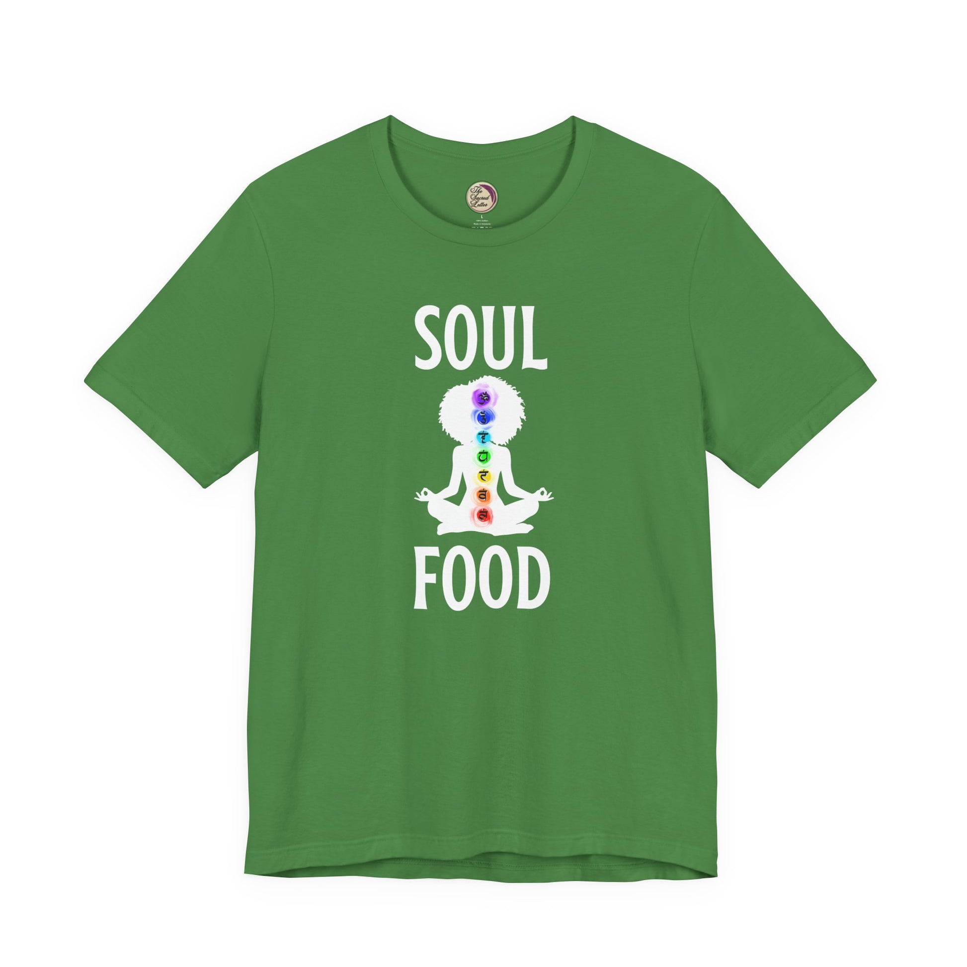 Green t-shirt with 'Soul Food' design featuring a colorful chakra symbol on a white background