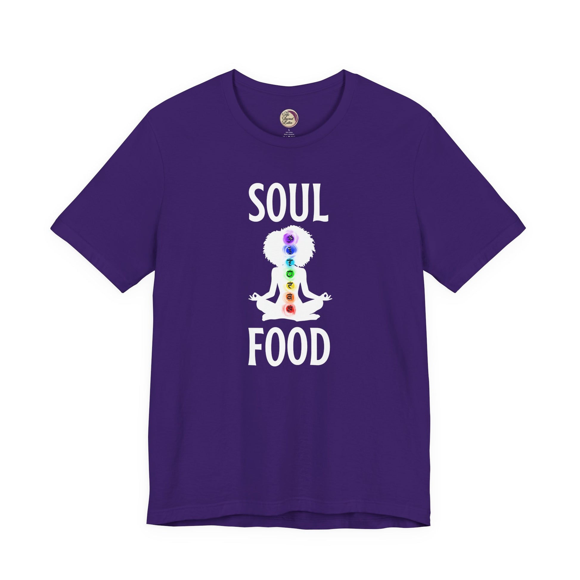 Purple t-shirt with 'Soul Food' design featuring a figure with chakra colors on a white background