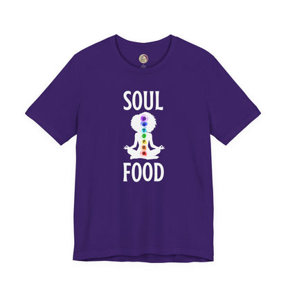 Purple t-shirt with 'Soul Food' design featuring a figure with chakra colors on a white background