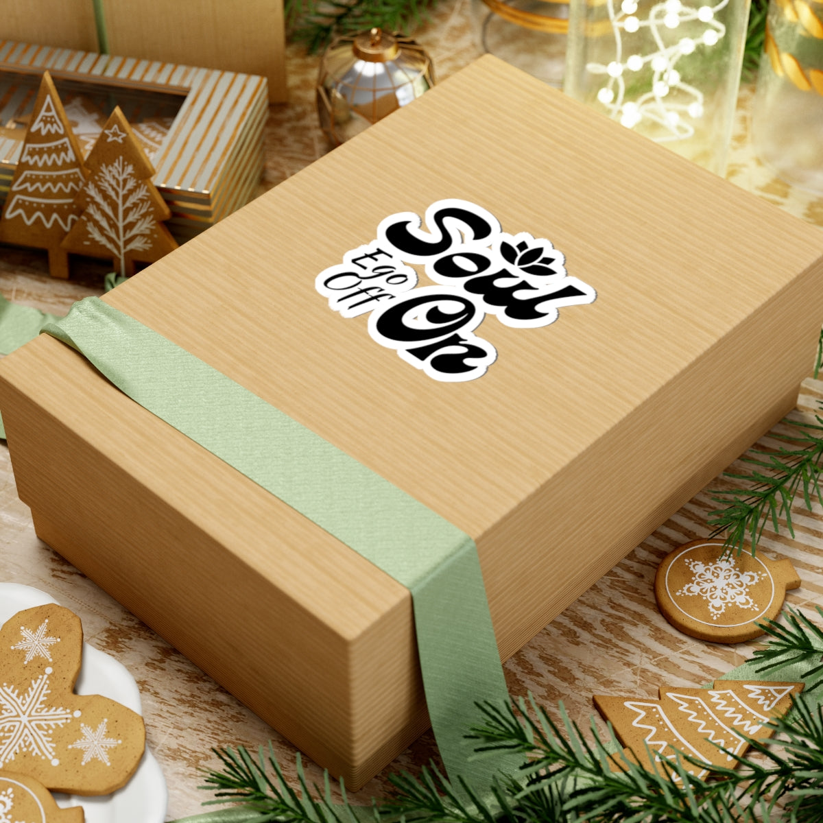 Wooden gift box with a green ribbon and 'Expo Gift' logo on a festive background with cookies and decorations.