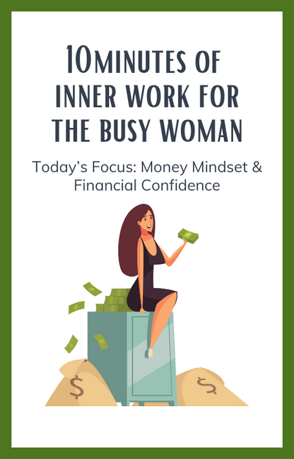 Book cover with text '10 Minutes of Inner Work for the Busy Woman' and illustration of a woman with money.