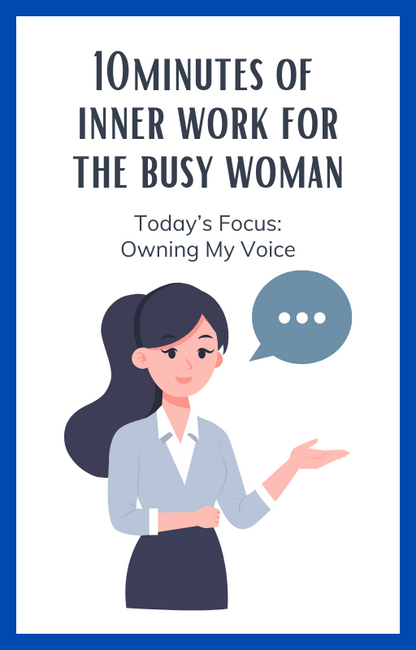 Book cover with a woman holding a speech bubble and text about inner work for busy women.