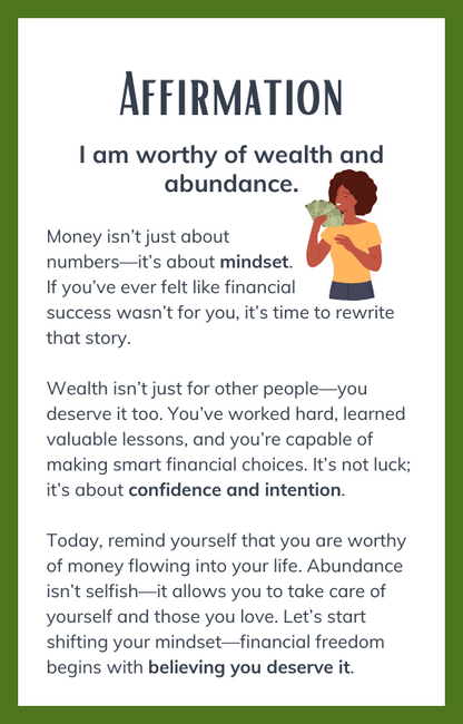 Motivational poster with text and an illustration of a person holding money.