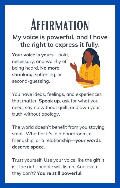 Motivational poster with text and an illustration of a woman speaking, set against a blue border.