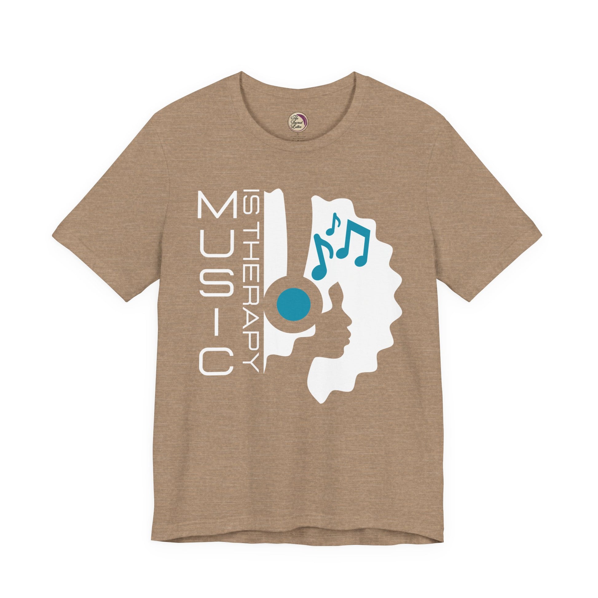 Heather Tan t-shirt with music-themed graphic and text on a white background