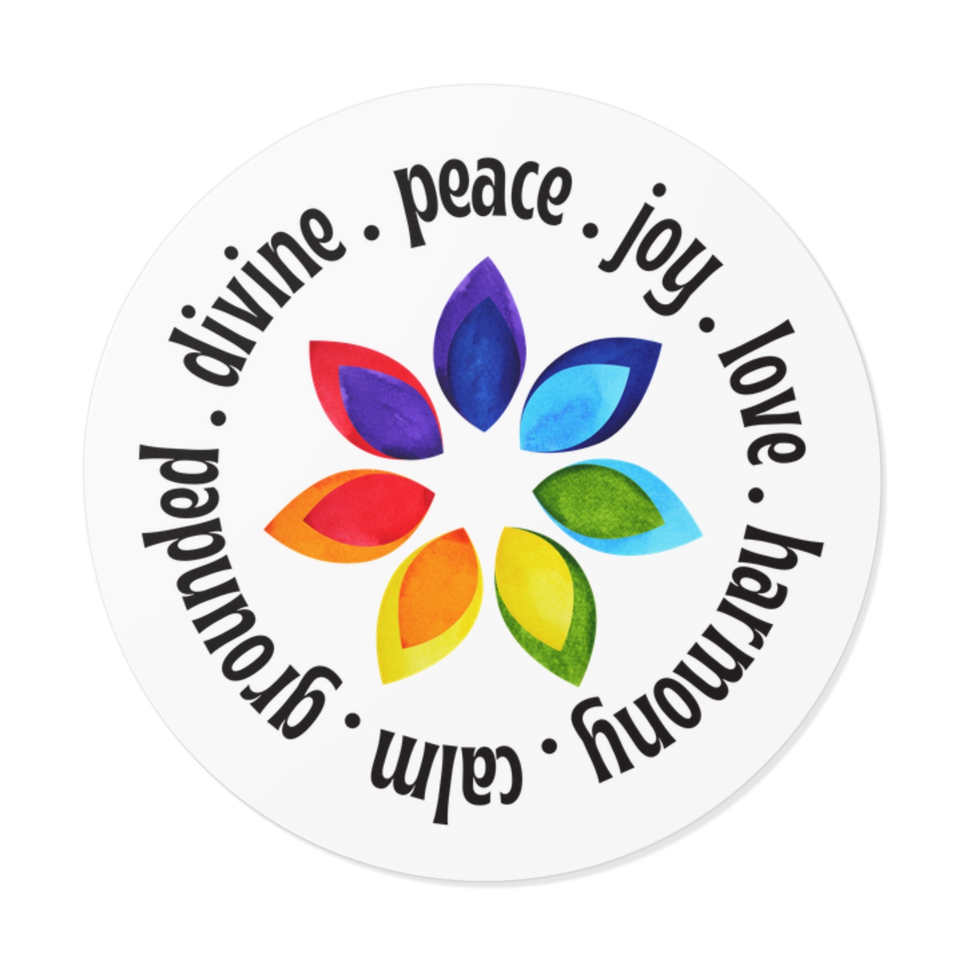 Round sticker with colorful leaf design and motivational words on a white background