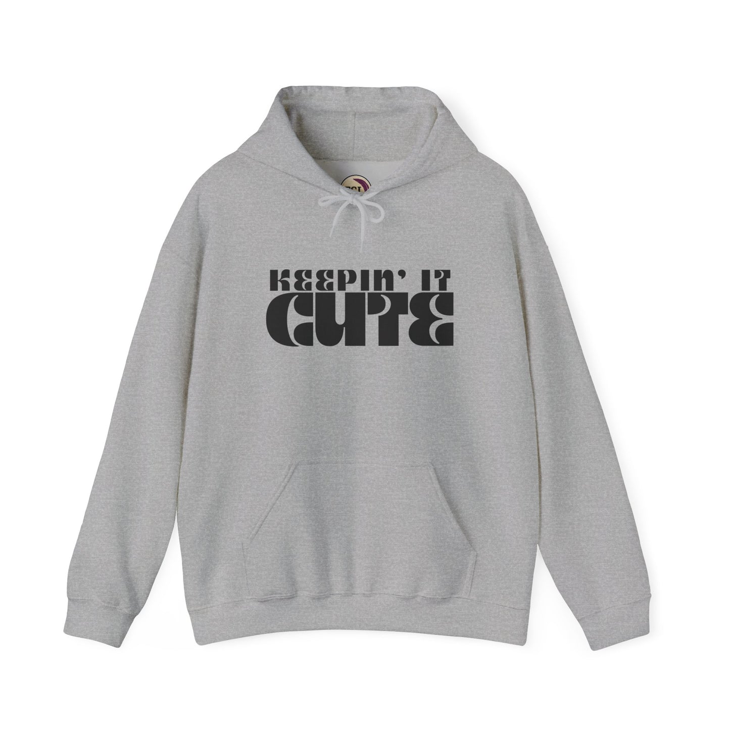 Gray hoodie with 'KEEPIN' IT CUTE' text on a white background