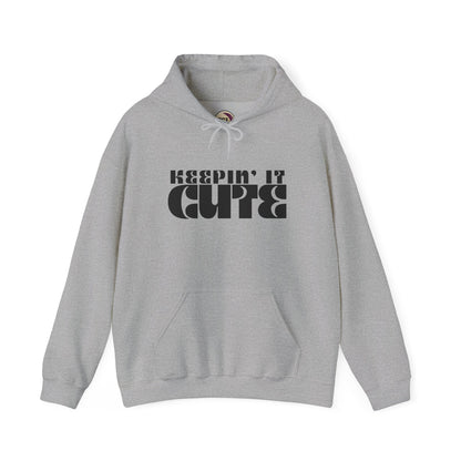 Gray hoodie with 'KEEPIN' IT CUTE' text on a white background