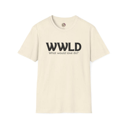 Beige t-shirt with 'WWLD What would love do?' text on a white background
