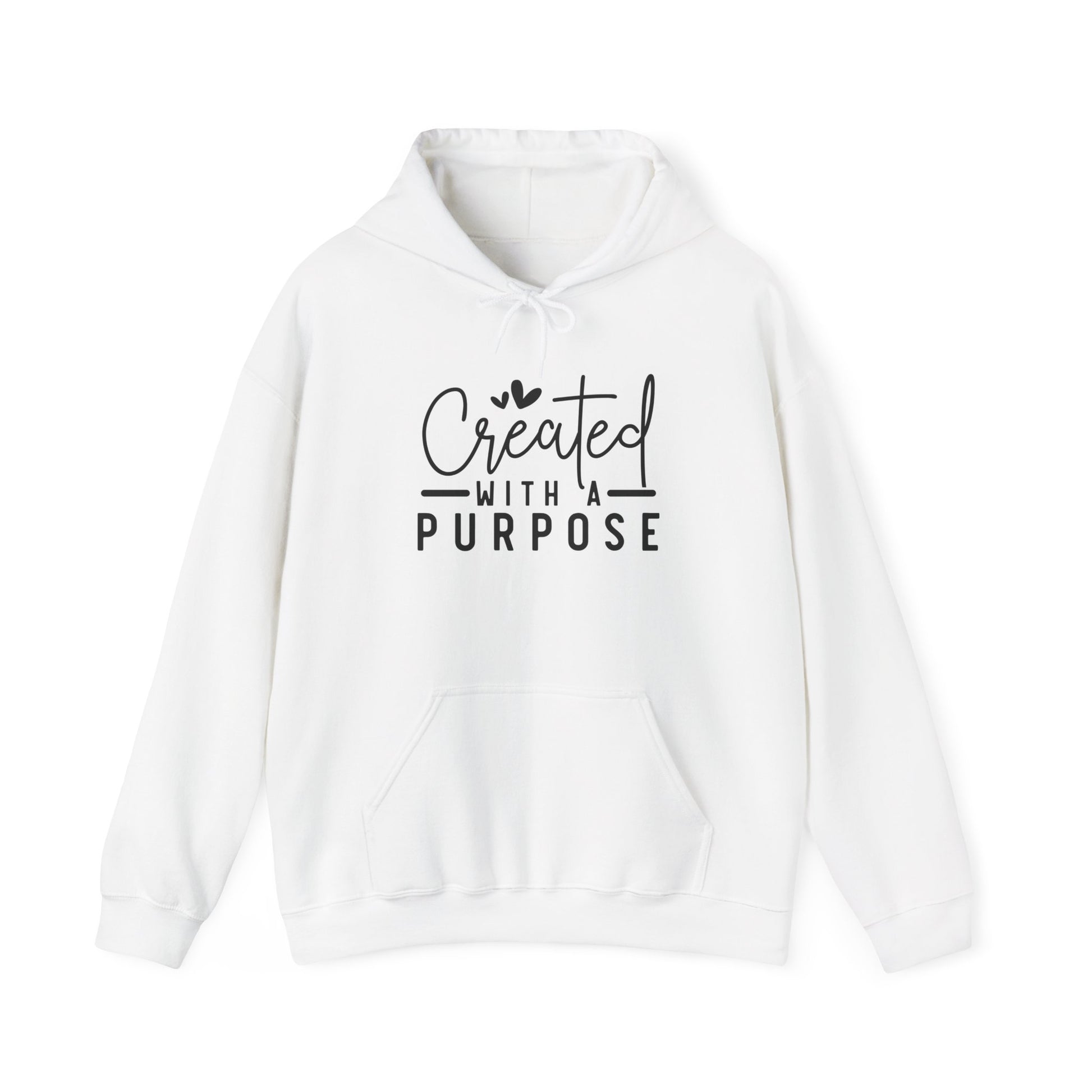 White hoodie with 'Created with a Purpose' text on a white background