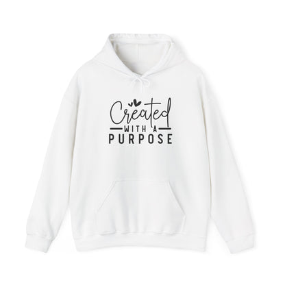 White hoodie with 'Created with a Purpose' text on a white background