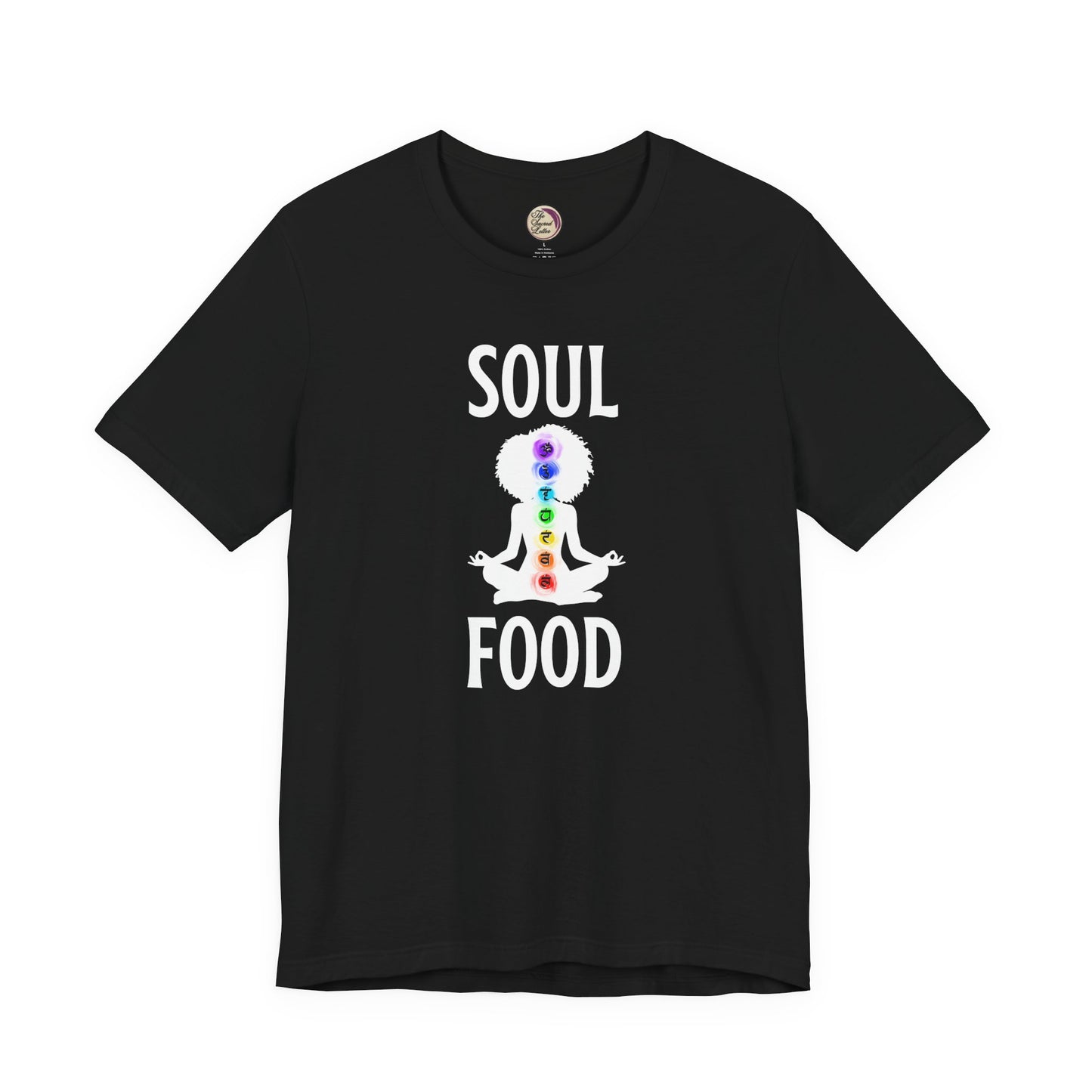 Black t-shirt with 'Soul Food' graphic design on a white background