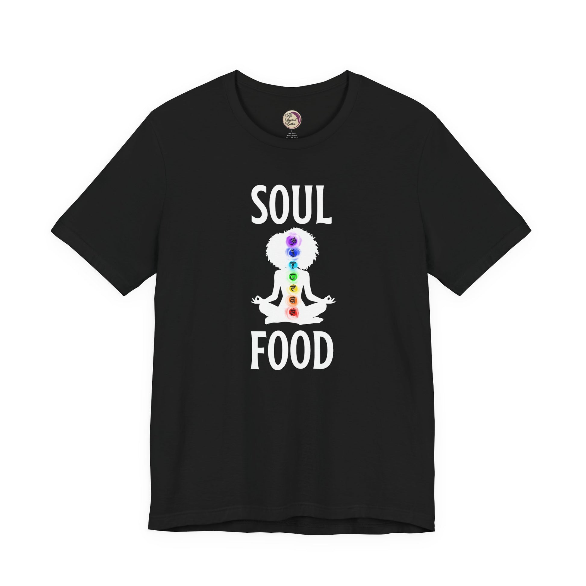 Black t-shirt with 'Soul Food' graphic design on a white background