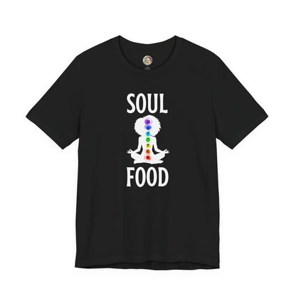 Black t-shirt with 'Soul Food' graphic design on a white background