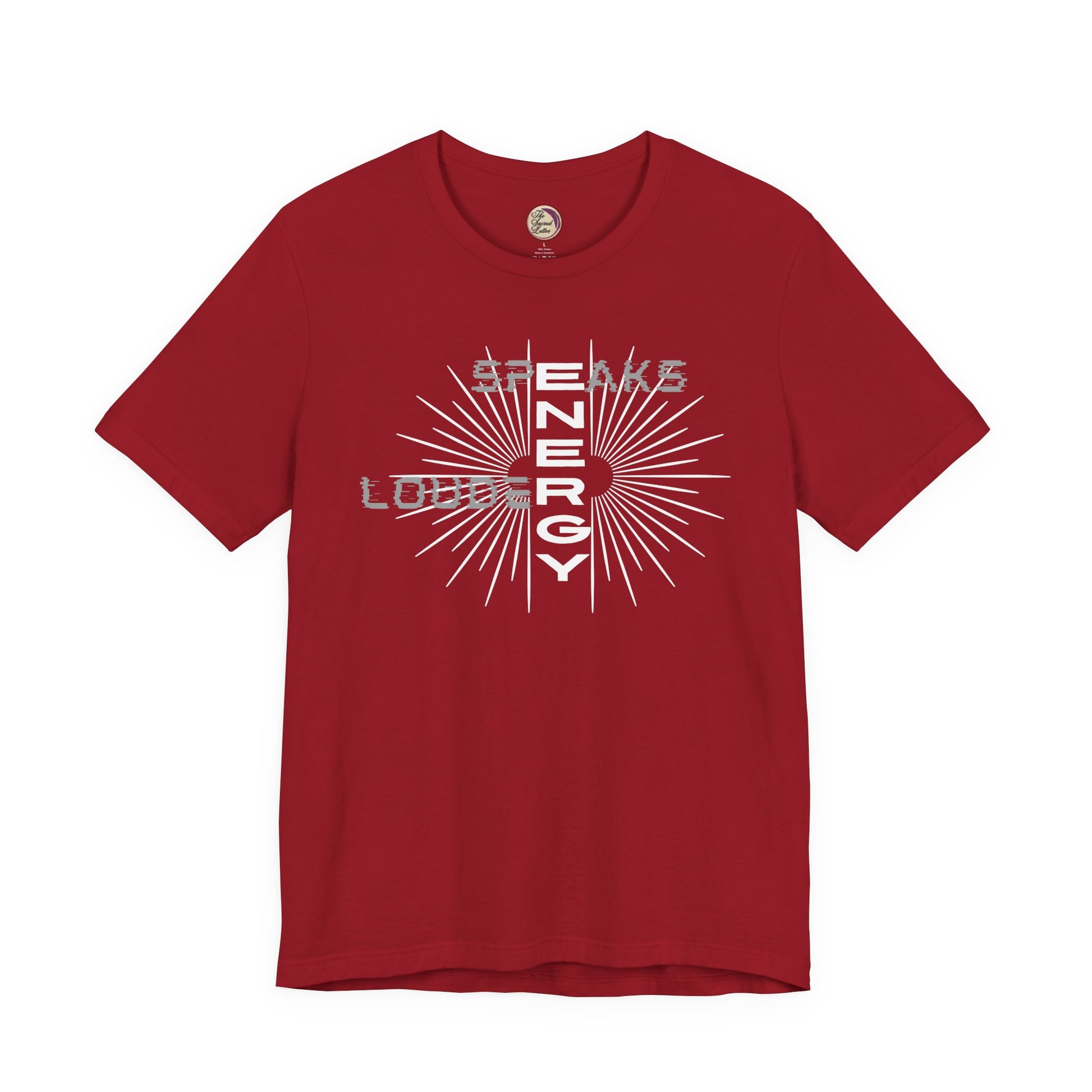 Red t-shirt with white graphic design on a white background