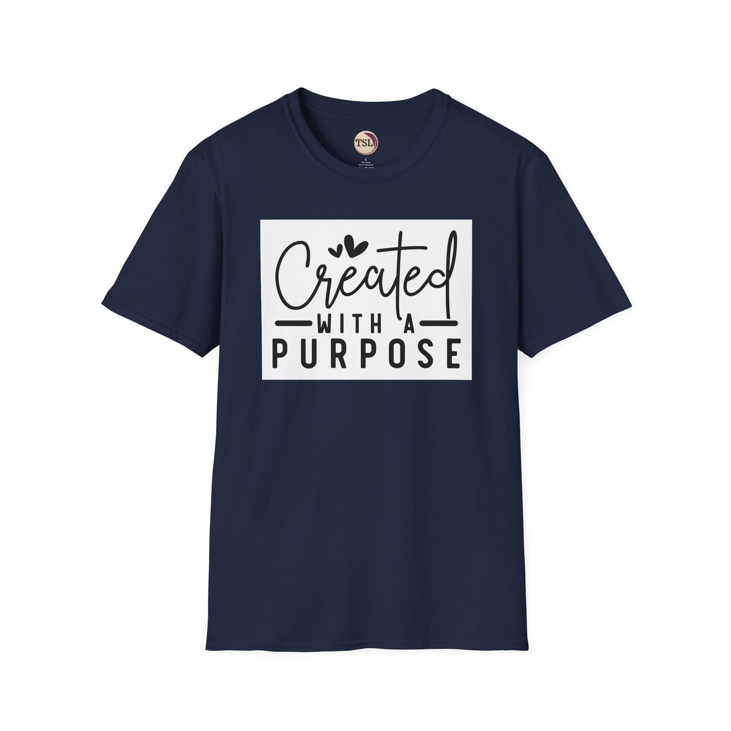 Navy blue t-shirt with 'Created with a Purpose' text on a white background