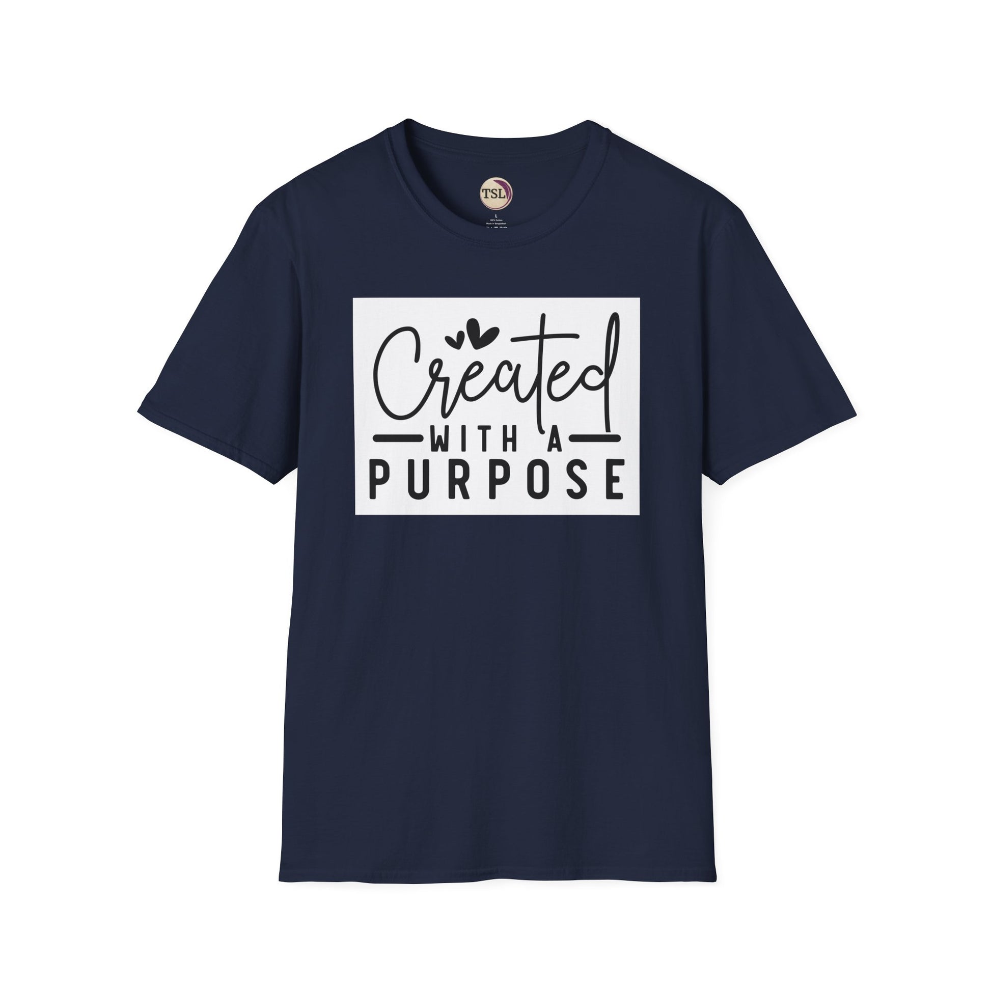 Navy blue t-shirt with 'Created with a Purpose' text on a white background