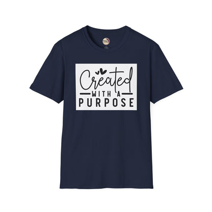 Navy blue t-shirt with 'Created with a Purpose' text on a white background