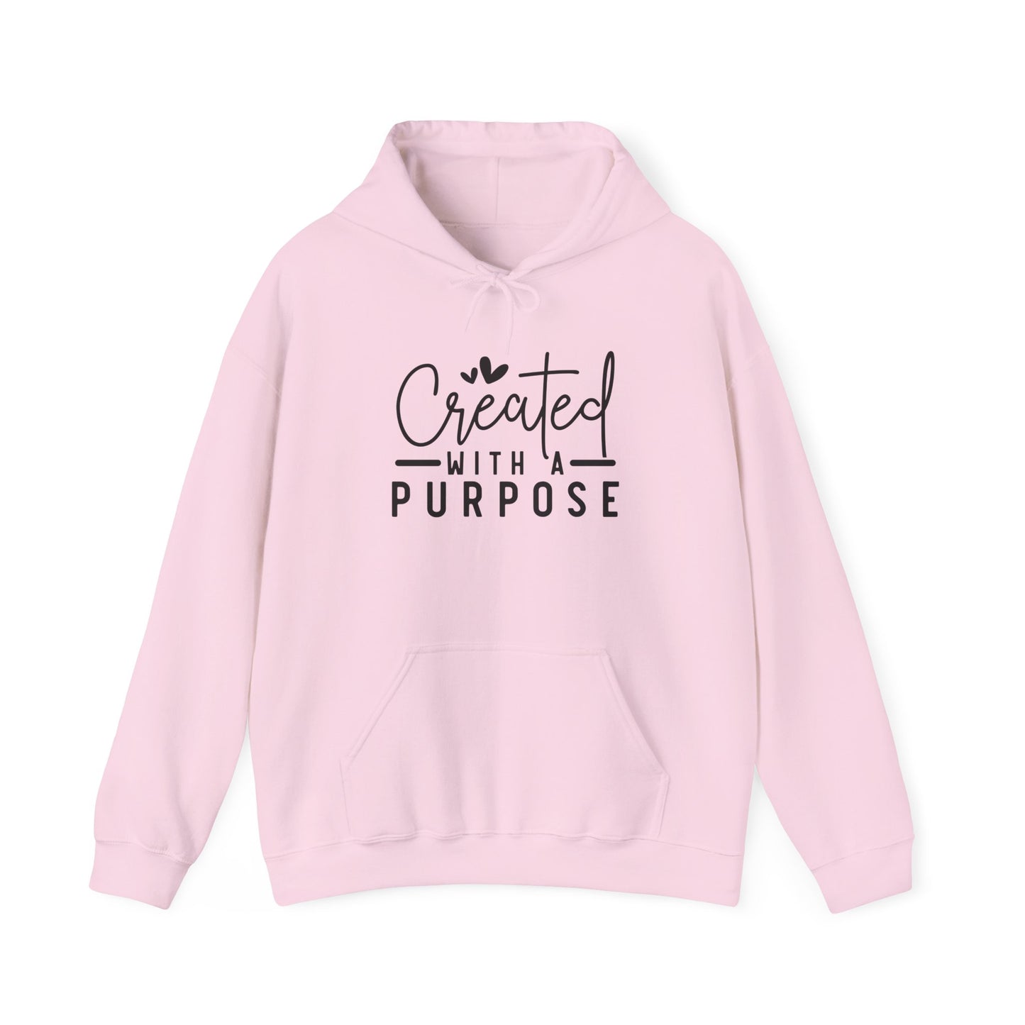 Pink hoodie with 'Created with a Purpose' text on a white background