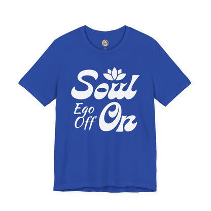 Blue t-shirt with white text and a flower graphic on a white background