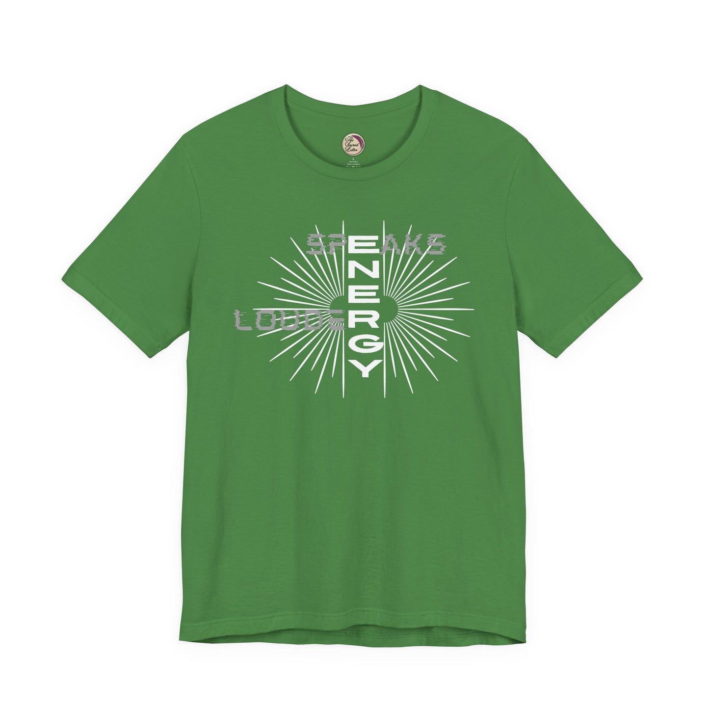 Green t-shirt with white graphic design on a white background