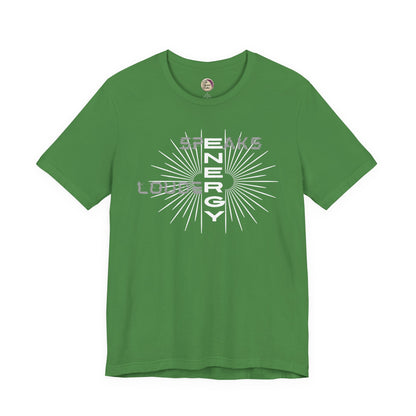 Green t-shirt with white graphic design on a white background