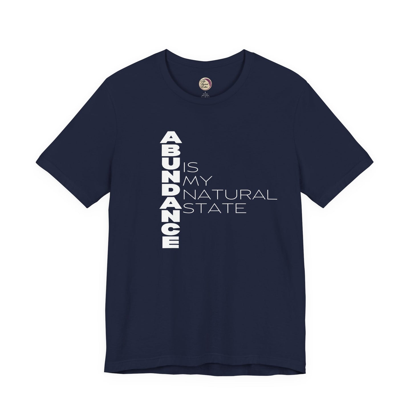 Navy blue t-shirt with motivational text on a white background