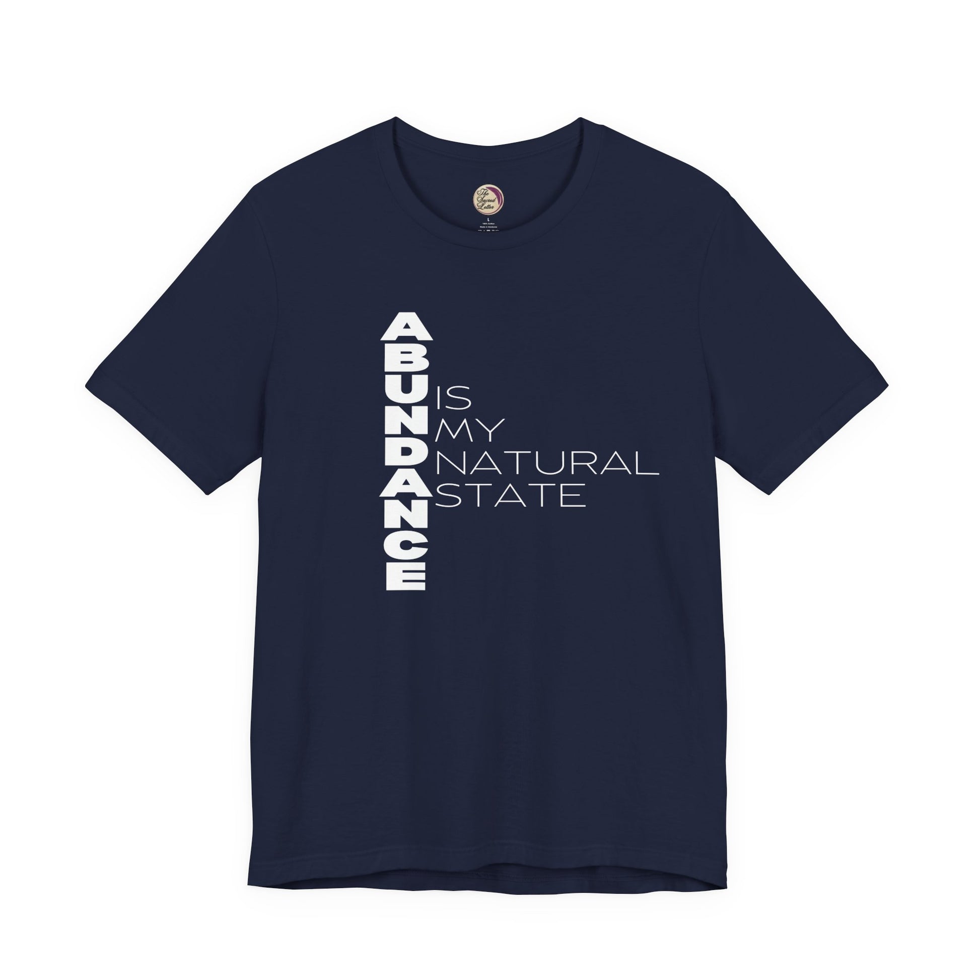 Navy blue t-shirt with motivational text on a white background