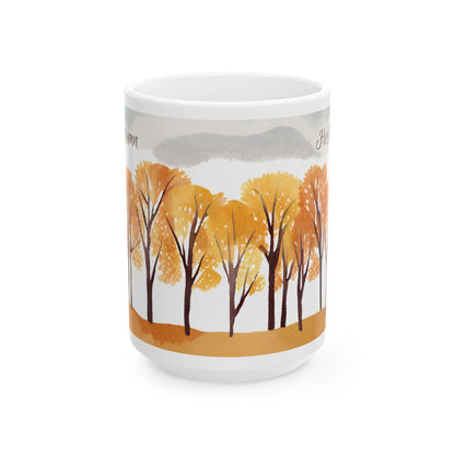 Mug with autumn tree design on a white background