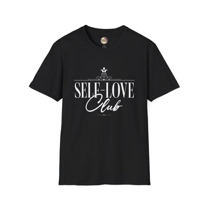 Black t-shirt with 'SELF-LOVE Club' text on a white background