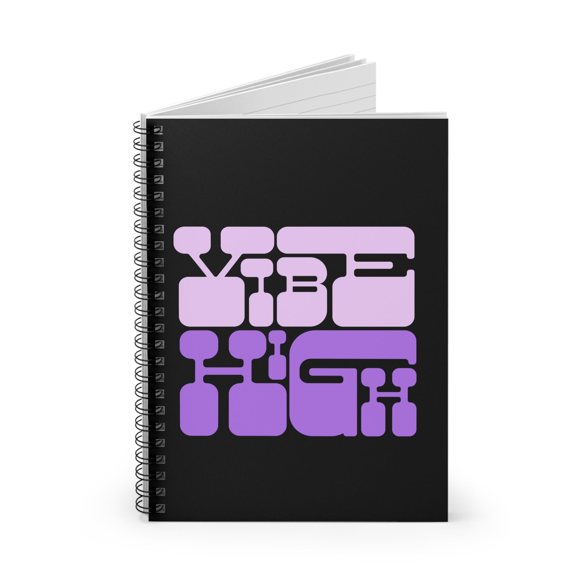 Black notebook with purple 'Vibe High' design on a white background