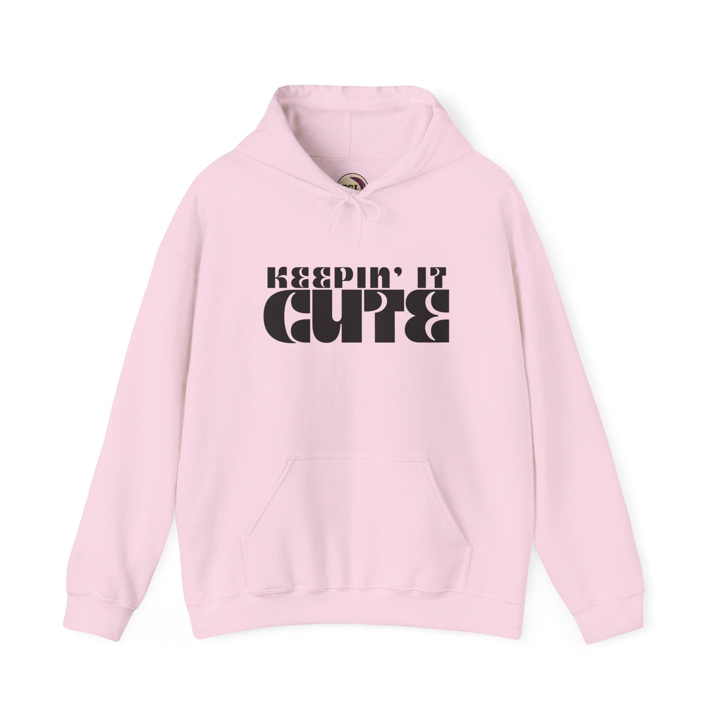 Pink hoodie with 'KEEPIN' IT CUTE' text on a white background