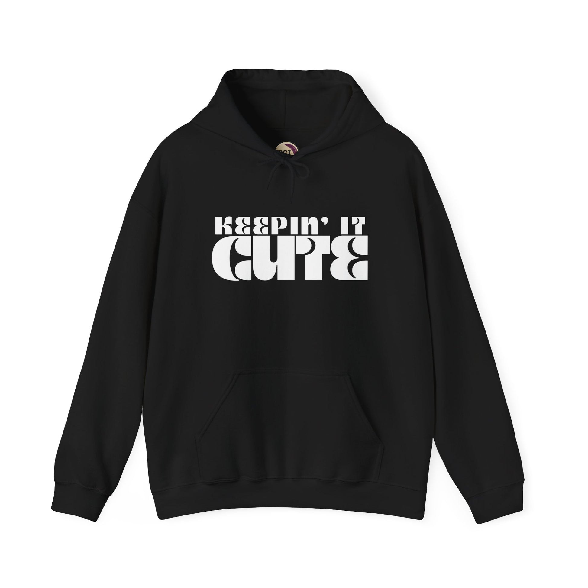 Black hoodie with 'KEEPIN' IT CUTE' text on a white background