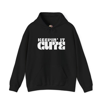 Black hoodie with 'KEEPIN' IT CUTE' text on a white background