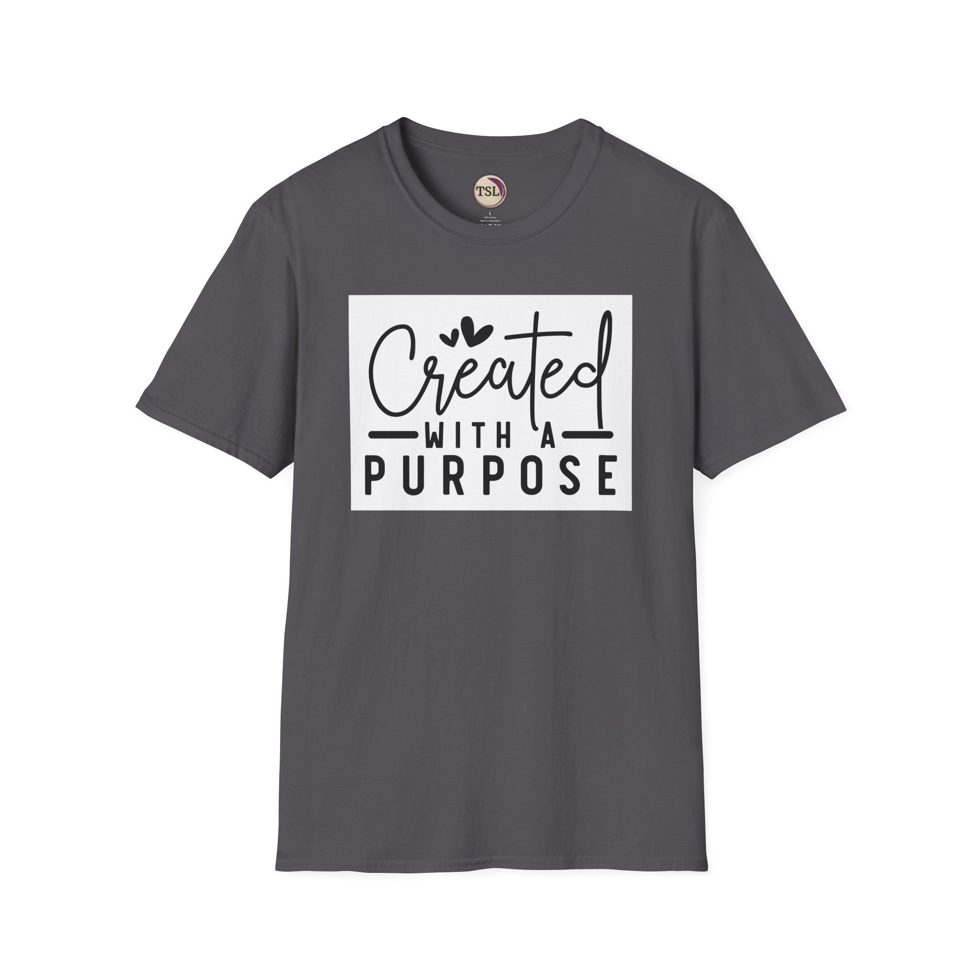 Gray t-shirt with 'Created with a Purpose' text on a white background
