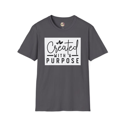 Gray t-shirt with 'Created with a Purpose' text on a white background