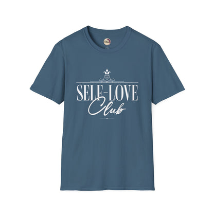 Blue t-shirt with 'SELF-LOVE Club' text on a white background