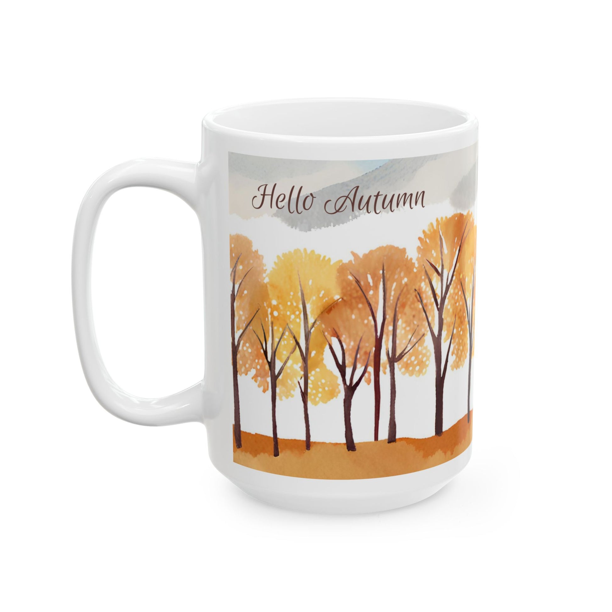 White mug with autumn-themed design featuring trees and 'Hello Autumn' text on a white background