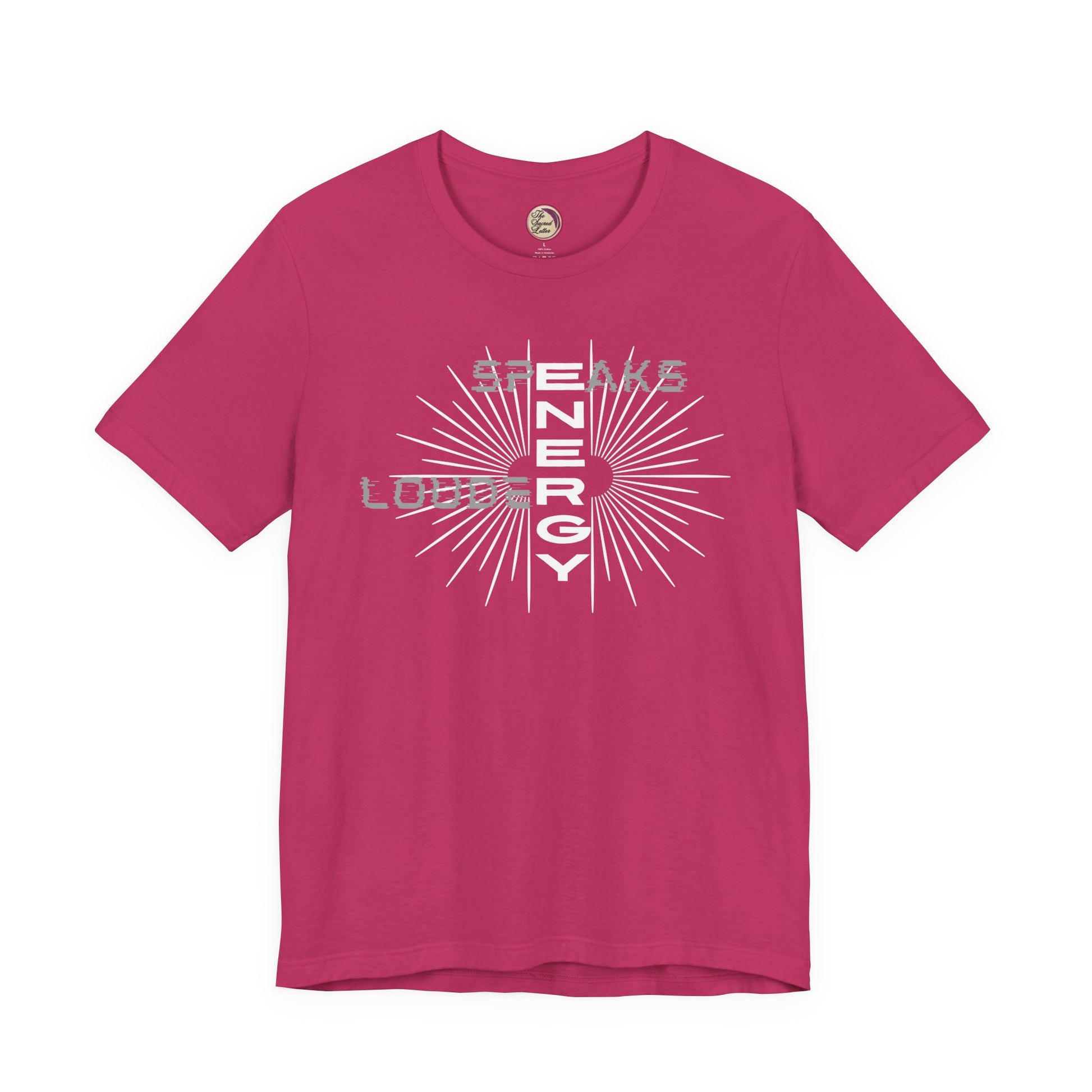 Pink t-shirt with white graphic design on a white background