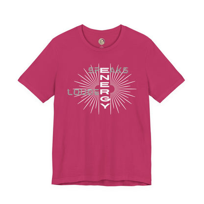 Pink t-shirt with white graphic design on a white background