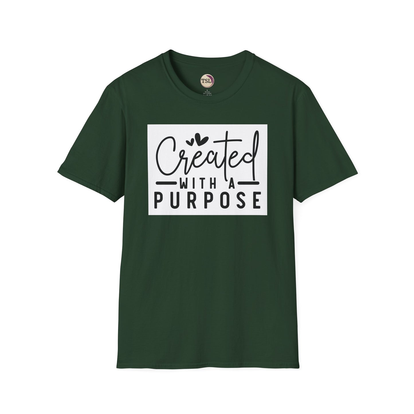 Green t-shirt with 'Created with a Purpose' text on a white background