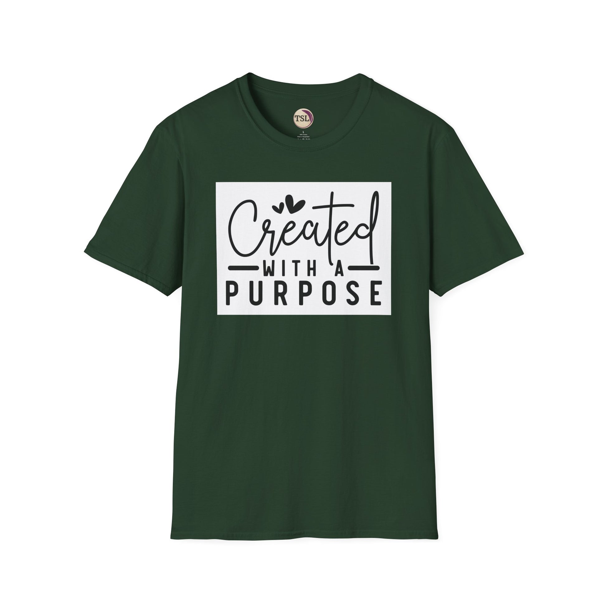 Green t-shirt with 'Created with a Purpose' text on a white background