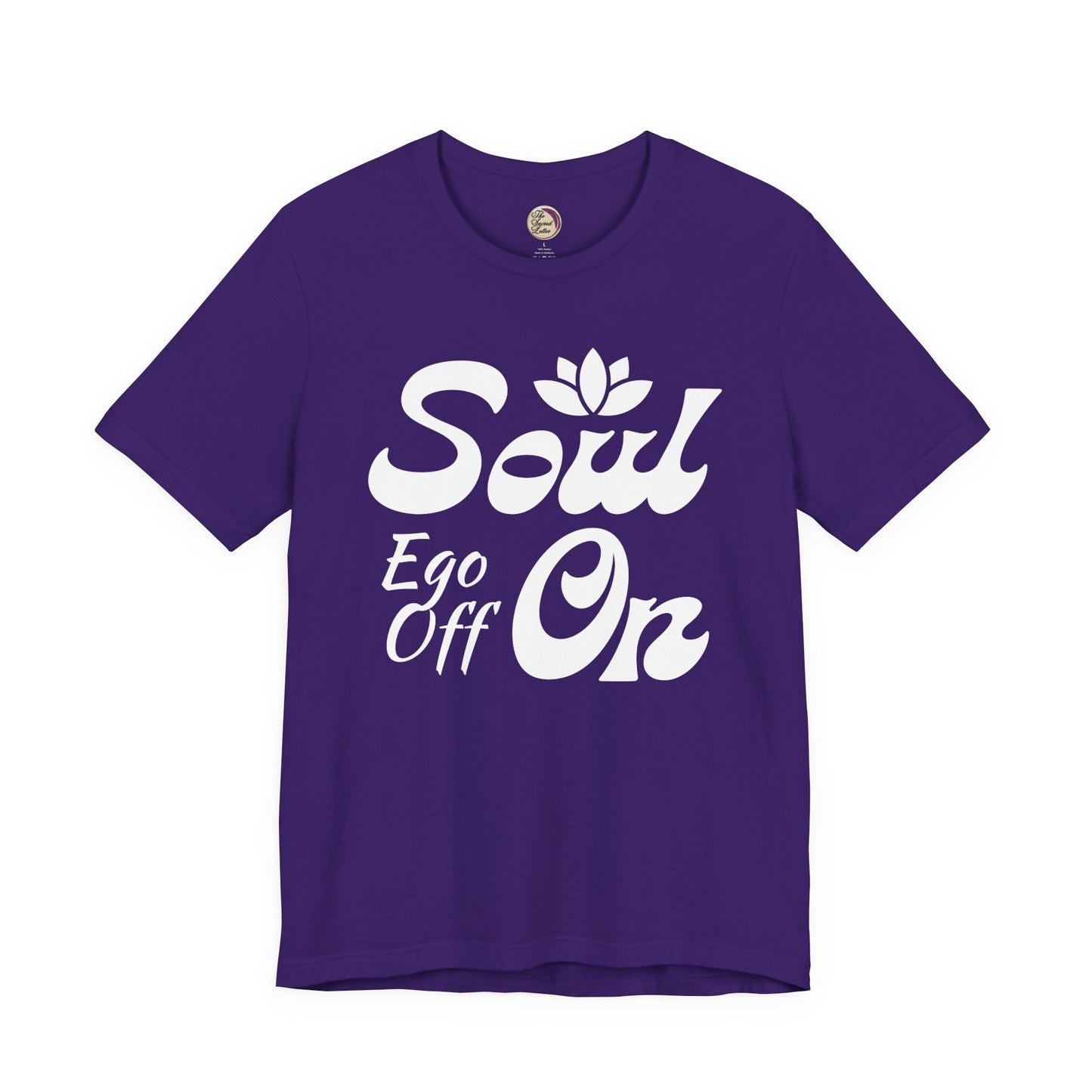 Purple t-shirt with white text and logo on a white background