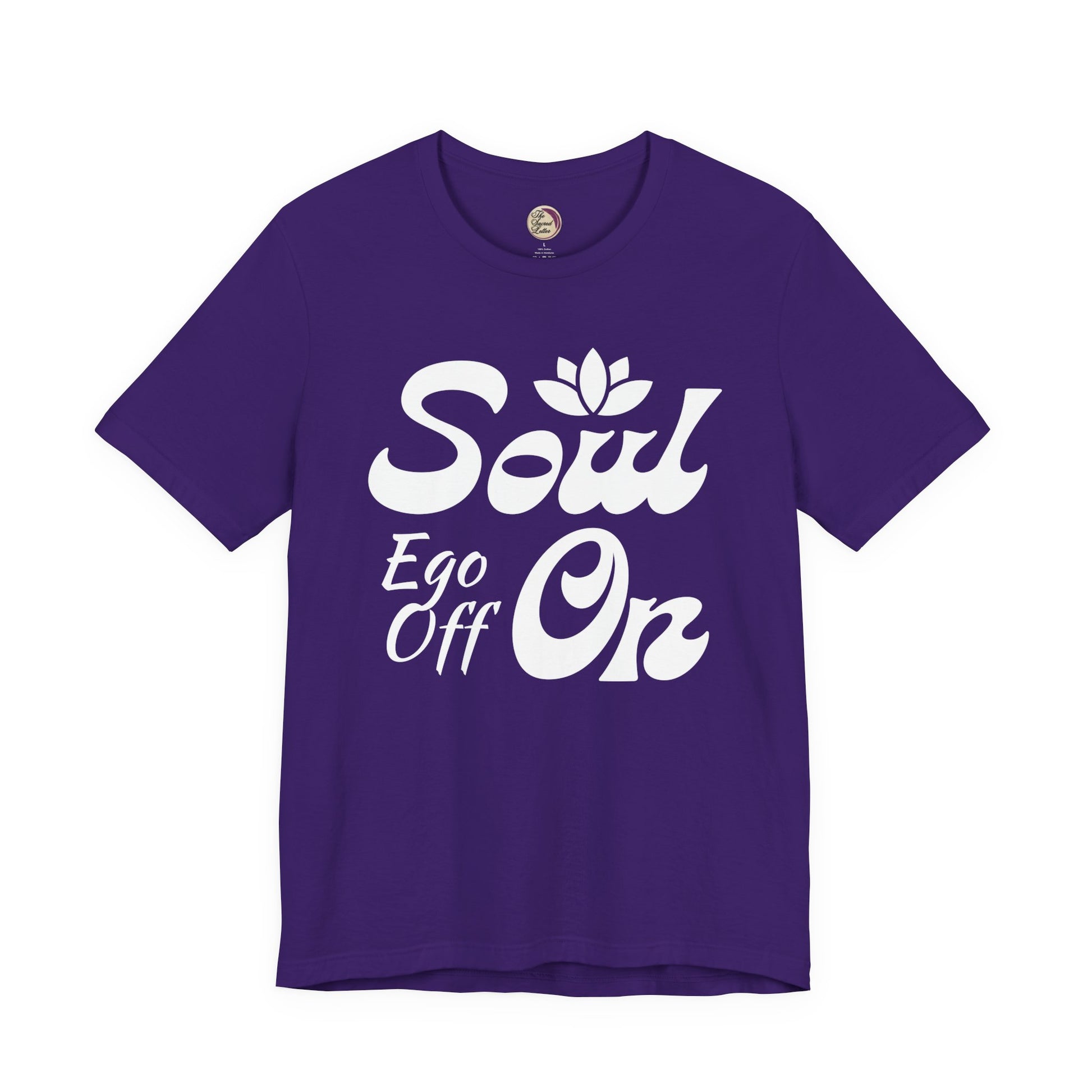 Purple t-shirt with white text and logo on a white background