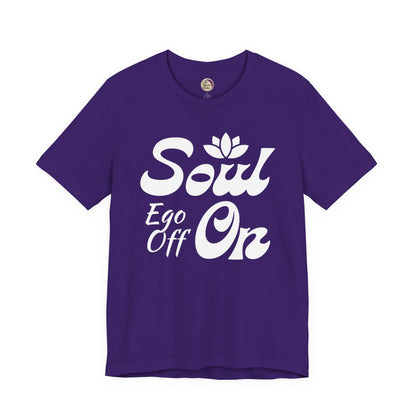 Purple t-shirt with white text and logo on a white background